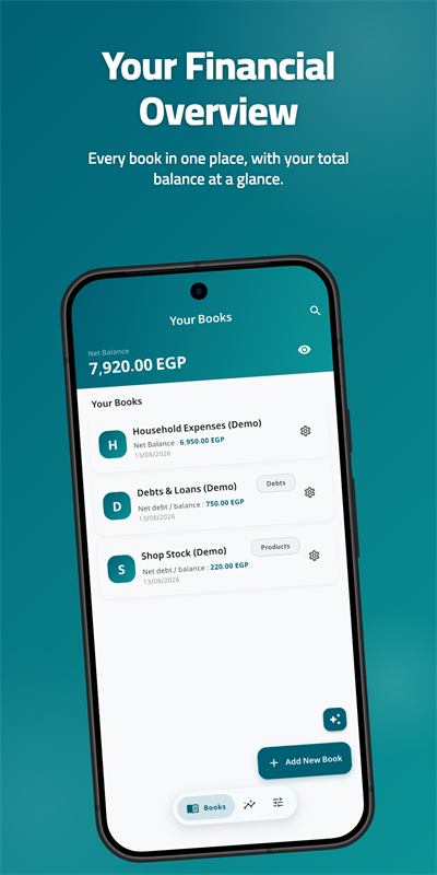 MRE CashBook home screen showing a net balance of 7,920.00 EGP above a list of books: Household Expenses, Debts & Loans and Shop Stock