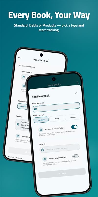 Add New Book screen in MRE CashBook with book type options Standard, Debts and Products