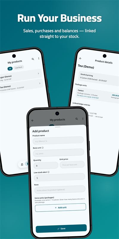 Add product screen in MRE CashBook with base unit, quantity, unit price, low stock alert and packaging units