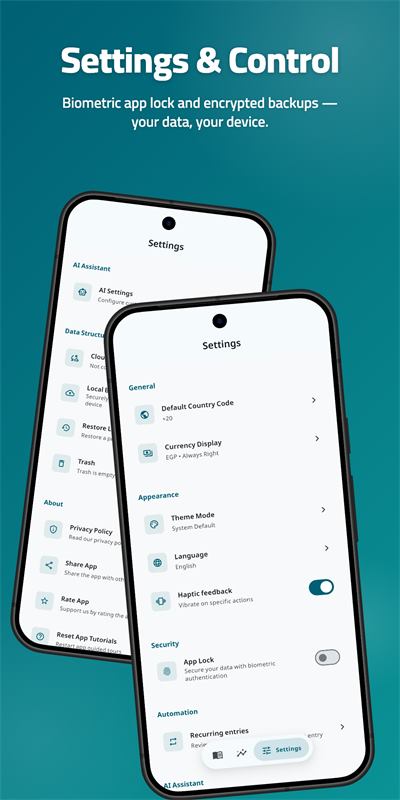 Settings screen in MRE CashBook showing currency display, theme mode, language, App Lock with biometric authentication and recurring entries